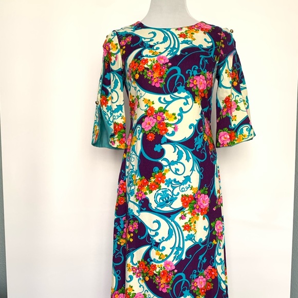 Vintage 60s Hawaiian Floral Barkcloth Maxi Dress - Picture 12 of 15